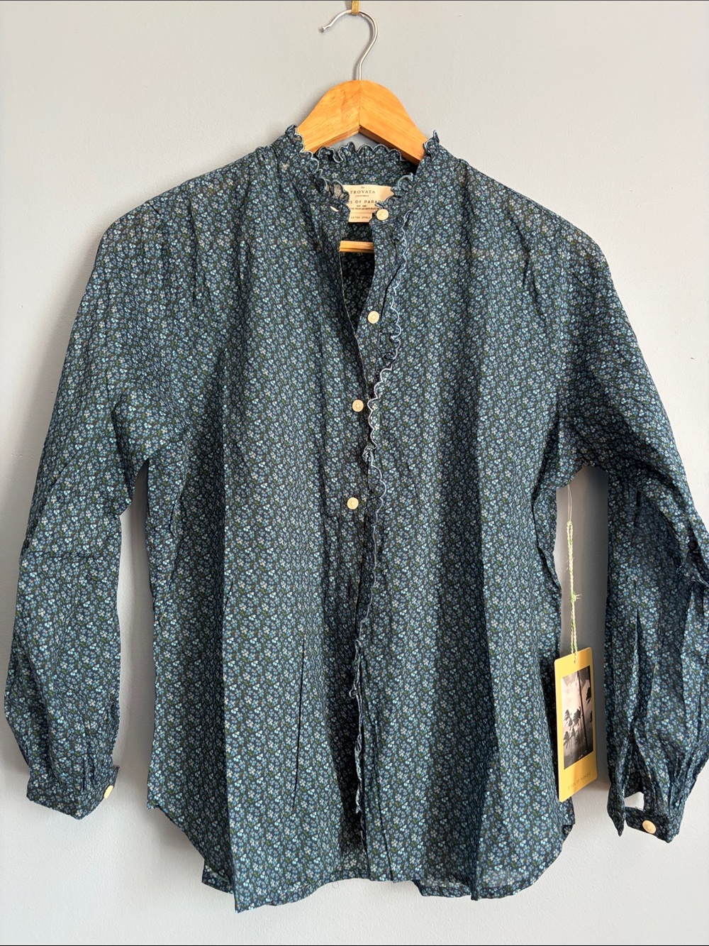 Trovata Navy Floral Ruffle-Trim Button Front Blouse